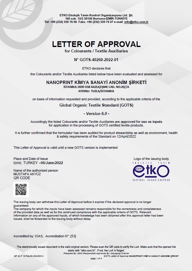 Letter of Approval for Colourants&Textile Auxiliaries-1